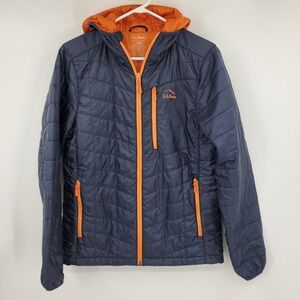 L.L Bean Mens PrimaLoft Packaway Hooded Jacket Navy Orange Small 503392 Puffer